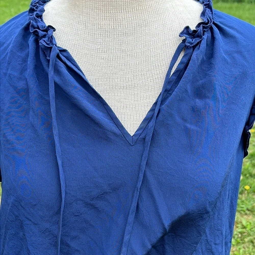 Tory Burch Blue Sleeveless Top with Ruffle Details, navy blue, v neck with ties